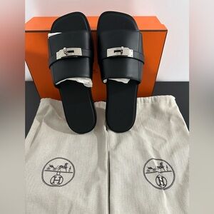 Hermes Gabriel Black Leather Slide Sandals with Silver Buckle
